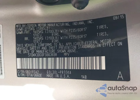 2015 Toyota Sienna Le 8 Passenger z USA, uszkodzony, nr VIN 5TDKK3DC6FS663698